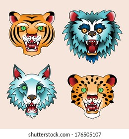 Set of traditional tattoo heads of predatory animals