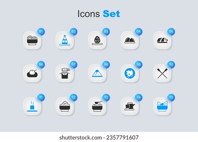 Set Traditional tea ceremony, Asian noodles in paper box, Bottle of sake, Cup, Wonton, Food chopsticks, bowl and Rice icon. Vector