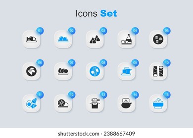 Set Traditional tea ceremony, Chicken egg, Sushi, with vegerables, Rice in bowl, Guotie, Served fish plate and cucumber icon. Vector