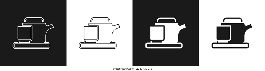 Set Traditional tea ceremony icon isolated on black and white background. Teapot with cup.  Vector