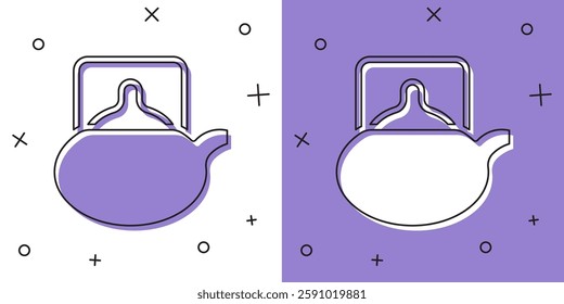 Set Traditional tea ceremony icon isolated on white and purple background. Teapot with cup.  Vector