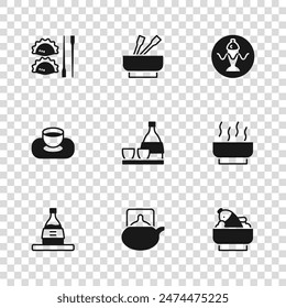 Set Traditional tea ceremony, Ramen soup bowl, Rice with fish in, Bottle of sake, Served plate, Dumpling chopsticks, Asian noodles and Soy sauce icon. Vector