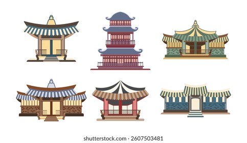 Set of traditional temples or asian pagodas, japanese traditional landmarks. Flat style illustration.