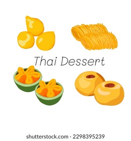 Set of traditional Thai dessert made of yolk egg and sugar, food for ceremony, wedding and housewarmings. Thai food Vector drawing on white background, sweet menu