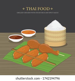 Set of Traditional Thai food, Grilled chicken with sticky rice and spicy sauce over banana leaf. Cartoon Vector illustration 