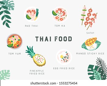 
Set of traditional thai food hand drawn on white background. Pad thai, tom yum, mango sticky rice, tom ka, fried rice etc