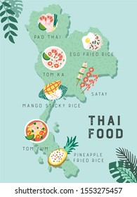 
Set of traditional thai food hand drawn on Thailand map. Pad thai, tom yum, mango sticky rice, tom ka, fried rice etc