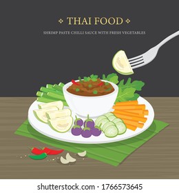 Set of Traditional Thai food, Shrimp Paste Chili Sauce (Nam Prik Ka Pi) with fresh vegetables. Cartoon Vector illustration.