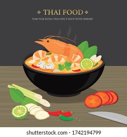 Set of Traditional Thai food, Tom Yum Kung is Thai spicy soup with shrimp. Cartoon Vector illustration 