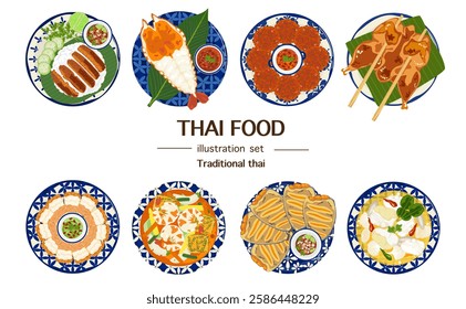 Set of traditional Thai food vector illustrations for meals and single dishes. Delicious food. Banner. Flat. Grilled chicken, grilled shrimp, fish cakes. Top view, menu, restaurant for food design.