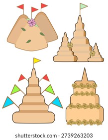 Set of Traditional Thai Sand Pagodas (Chedi Sai) Decorated with Colorful Flags and Flowers for Songkran Festival Vector Illustration.
