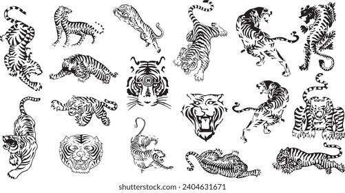 Set of traditional Thai tiger drawings from Thai Yantra designs. Vector elements. set tigers drawn in ink by hand ,objects with no background. Thai striped tiger picture. Traditional tattoo. logo icon