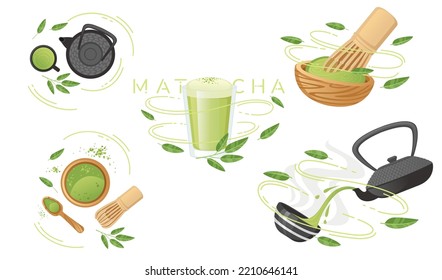 Set of traditional tools for tea ceremony matcha tea vector illustration on white background