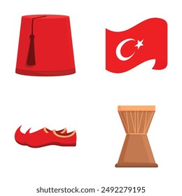 Set of traditional turkish cultural icons including fez, flag, slippers, and hourglass isolated on a white background