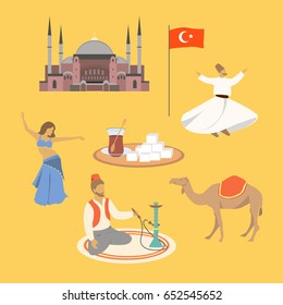 Set of traditional turkish cultures elements: mosque, belly dancer, dervish, tea with delight, camel, man with hookah