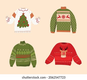 Juego de sudaderas navideñas tradicionales y feas. Vector ilustra de sudaderas feas para la fiesta navideña. Saltadores de punto cálido con copo de nieve, muñeco de nieve, reno, árbol de navidad y adorno de ciervos.