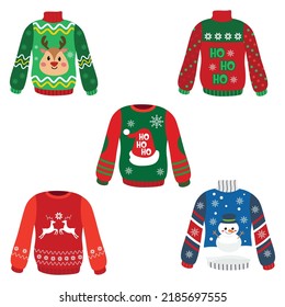 Set of traditional ugly Christmas sweaters. Funny holiday clothes with different cute prints and ornaments