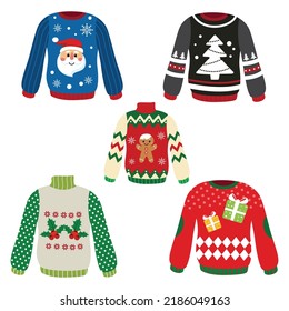 Set of traditional ugly Christmas sweaters. Funny holiday clothes with different cute prints and ornaments