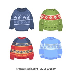 Set Of Traditional Ugly Christmas Sweaters. Funny Holiday Clothes With Deers, Different Cute Prints And Ornaments. Red, Green and Blue Jumpers Isolated On White Background. Cartoon Vector Illustration