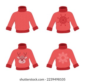 Juego de sudaderas navideñas tradicionales y feas. Gracioso saltador navideño de colores rojos con diferentes tiestos y adornos adorables con copos de nieve y ciervo. El concepto de invierno del clima más dulce. Ropa y accesorios.