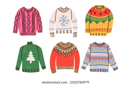 Set of traditional ugly or cute Christmas sweaters. Funny holiday clothes with different cute prints and ornaments for autumn and winter design.