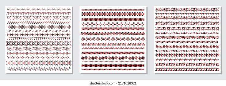 Set of traditional Ukrainian embroidery art, ethnic border ornament vyshyvanka