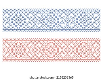  Conjunto de motivos tradicionales de bordado de punto de arte folclórico ucraniano. Azul y rojo. Ilustración vectorial. Aislado sobre fondo blanco. Ucrania. Para mantel, vestido, falda, diseño textil.