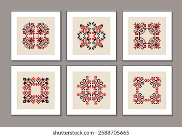 Set of traditional Ukrainian folk knitted embroidery ethnic mandala ornament vyshyvanka