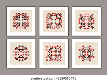 Set of traditional Ukrainian folk knitted embroidery ethnic mandala ornament vyshyvanka