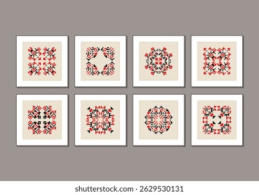 Set of traditional Ukrainian folk knitted embroidery ethnic mandala ornament vyshyvanka