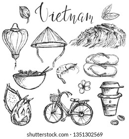 Set traditional vietnamese elements   symbols  Hand drawn travel collection