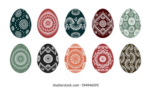 Set of traditional vintage Easter eggs. Vector illustration of hand painted eggs using hot wax technique.