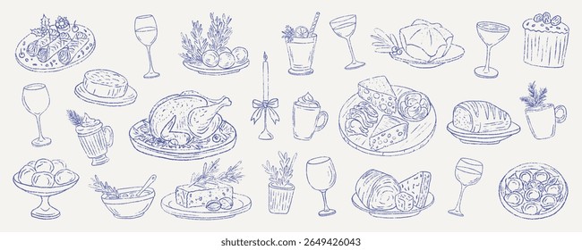 Set of traditional winter Italian food for festive Capodanno and Natale dinner. Featuring cannoli, struffoli, pandoro star bread, cured meat, grill chicken, panettone. Hand drawn vector illustration.