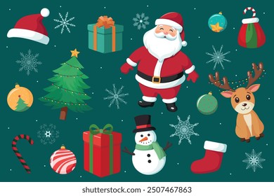 Set of traditional winter symbols, elements and decorations: christmas tree, Santa, snowman, reindeer and others. Christmas and New Year elements. Design for prints and cards. Vector illustration