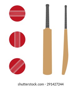 Set of Traditional wood cricket bats and balls.. Flat design. Vector Illustration on isolated white background.