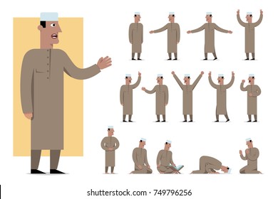Set of traditionally clothed muslim character poses and emotions. Cartoon style, islam dress code. Vector flat illustration.