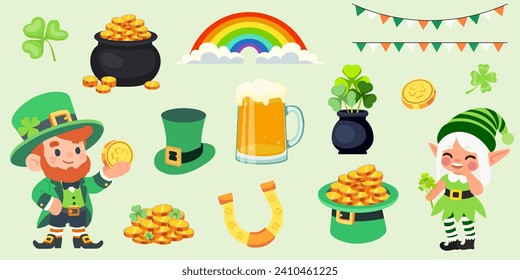 Set of traditions for St. Patrick Day. A set of vector illustrations, stickers for posters, invitations, postcards. Elf, leprekon, coin, gold, pot, horseshoe, rainbow, beer mug, triliary, chervonet
