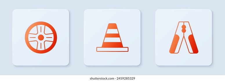 Set Traffic cone, Alloy wheel and Car battery jumper power cable. White square button. Vector