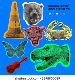 Set of Traffic cone, bear, leopard, crab, butterfly, violin, dinosaur. Digital art, web graphics, vintage-inspired branding. Dithering Bitmap Shape. Print for fashion, design. Vector illustration. Y2K