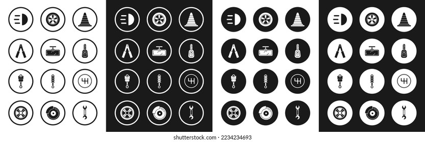 Set Traffic cone, Car mirror, battery jumper power cable, High beam, key with remote, wheel, Gear shifter and Engine piston icon. Vector