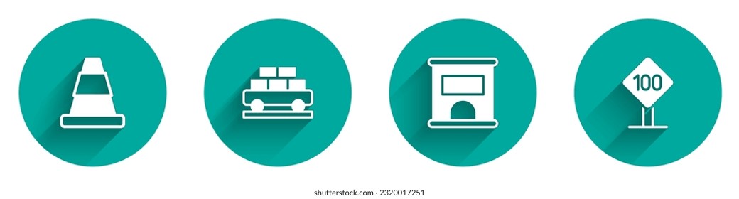 Ponga el cono de tráfico, el vagón de tren de carga, la oficina de entradas para comprar boletos y la señal de tráfico límite de velocidad, icono de 100 km con sombra larga. Vector