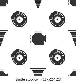 Set Traffic cone, Check engine and Car brake disk with caliper on seamless pattern. Vector