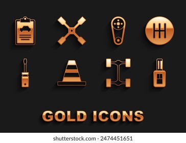 Juego de conos de tráfico, cambio de marchas, llave de coche con mando a distancia, coche de chasis, destornillador, kit de correa de distribución, inspección e icono de llave de rueda. Vector