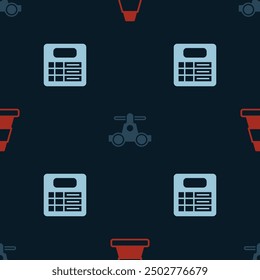 Set Traffic cone, Handcar transportation and Train station board on seamless pattern. Vector