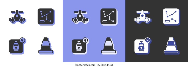 Set Traffic cone, Handcar transportation, Online ticket booking and Railway map icon. Vector