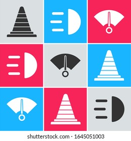 Set Traffic cone, High beam and Speedometer icon. Vector