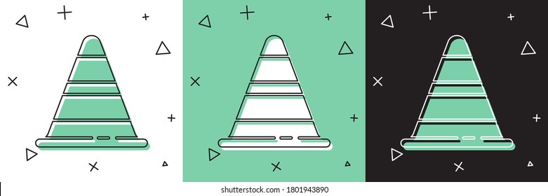 Establece el icono del cono de tráfico aislado en fondo blanco y verde, negro.  Ilustración vectorial