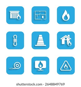 Definir Cone de tráfego, Localização com chama de fogo, Fogo em triângulo, casa em chamas, bobina de mangueira, corda de escalador e ícone de garagem. Vetor