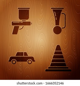 Set Traffic cone, Paint spray gun, Car and Signal horn on vehicle on wooden background. Vector