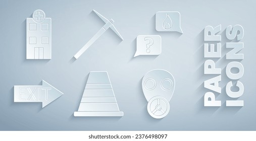 Set Traffic cone, Phone with emergency call 911, Fire exit, Gas mask, Pickaxe and Medical hospital building icon. Vector